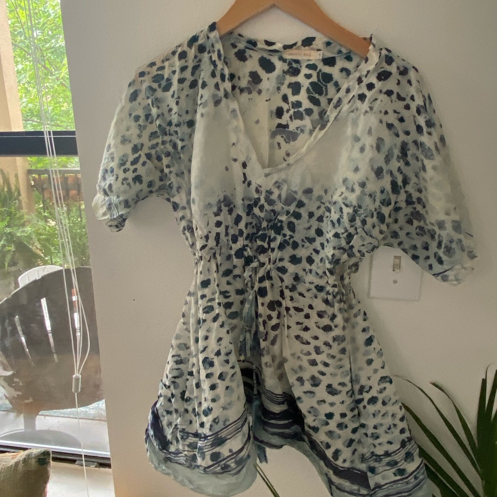 JOHNNY WAS PEPLUM TUNIC BLUE CHEETAH